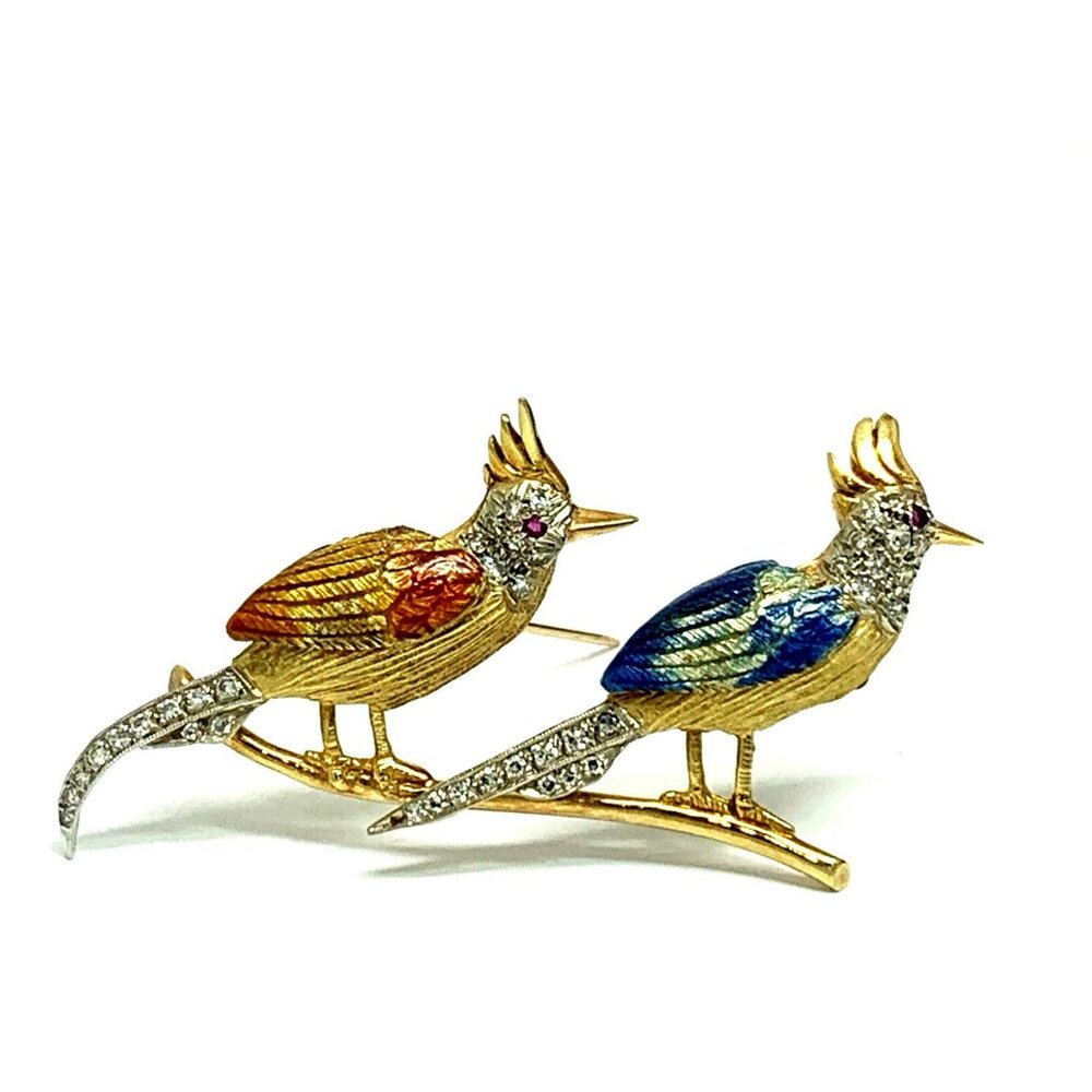 Bird Brooch Diamond Gemstone 18k Gold Colorful Vintage Estate Jewelry